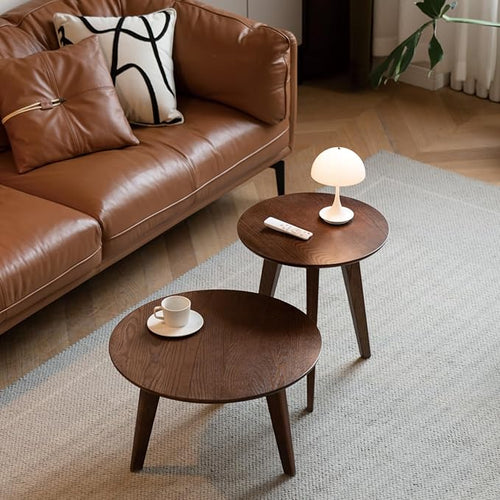 100% Solid Oak Wood Coffee Table Set, Round Coffee Table Combo Side Table by Vadisun