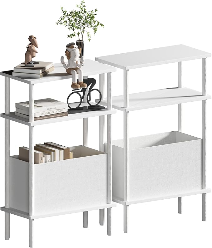 Narrow Side Table with Fabric Basket, Slim Nightstand with 3-Tier Storage Shelf by Unknown