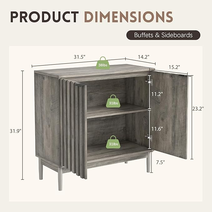 Fluted Cabinet with Storage, Small Buffet Cabinet Sideborad with Door, Kitchen - Image 2