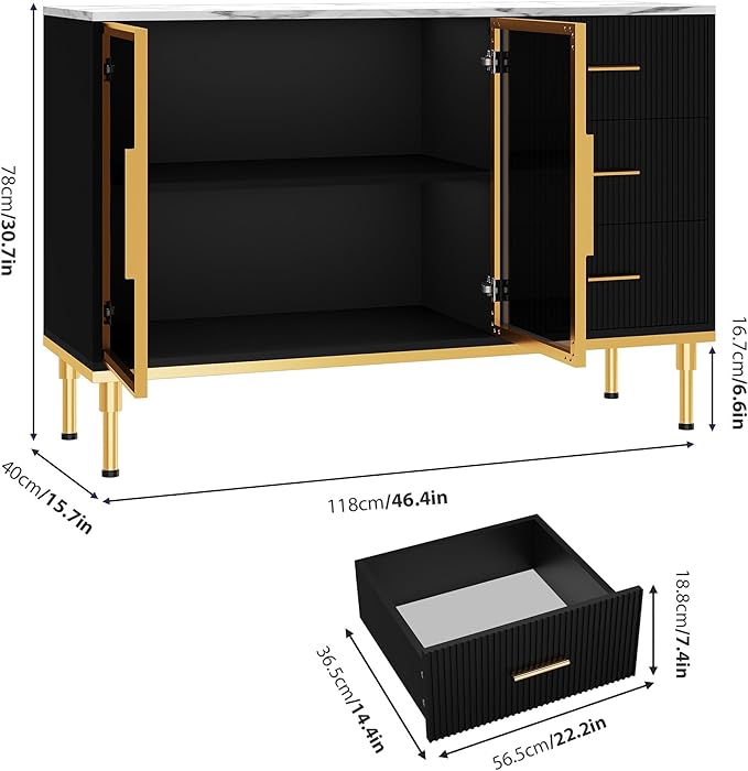 Buffet Sideboard Cabinet with Storage, 46.4" Large Fluted Kitchen Sideboard - Image 2