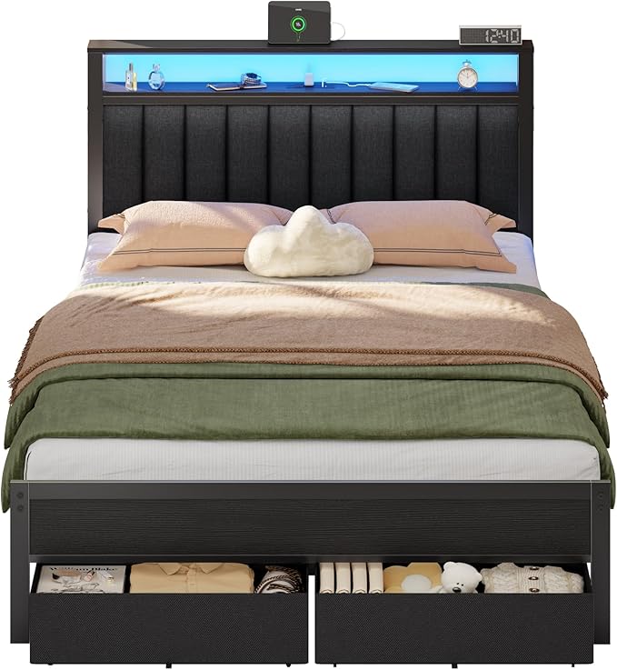 Furnulem Queen Bed Frame with Charging Station and LED Lights, Metal Platform - Image 9
