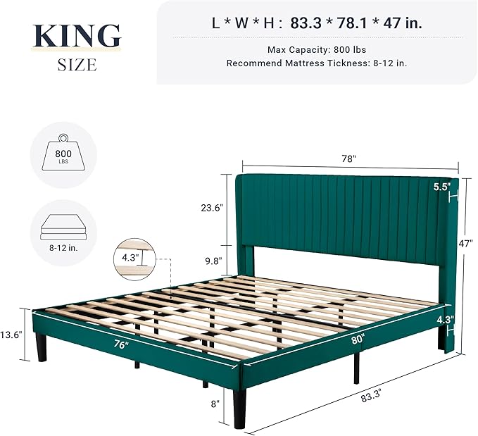 Allewie King Size Bed Frame/Velvet Upholstered Platform Bed/Vertical Channel - Image 2