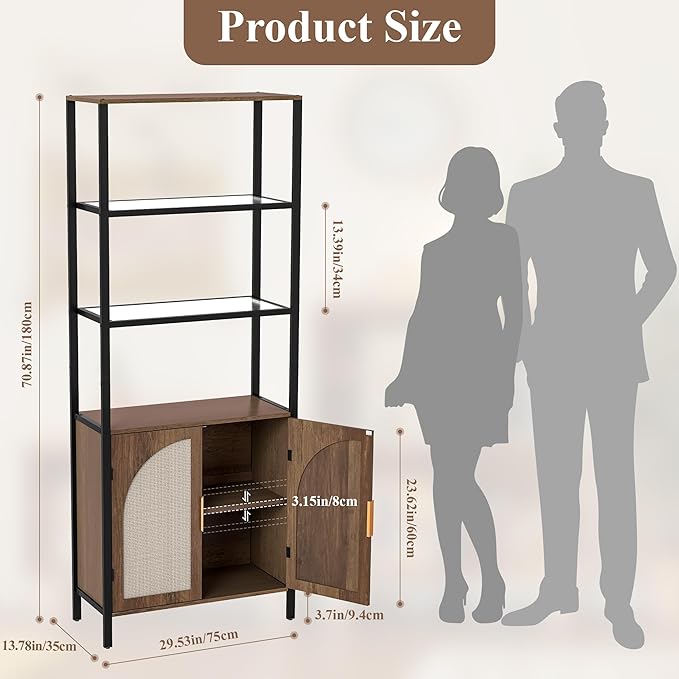 Bookshelf with Rattan Doors, 5 Tier Book Shelf Storage Organizer - Image 3