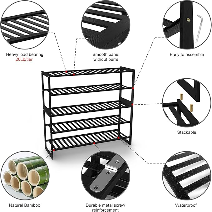 Shoe Rack Bamboo 5 Tier Shoe Organizer, Storage 20-25 Pairs - Image 4