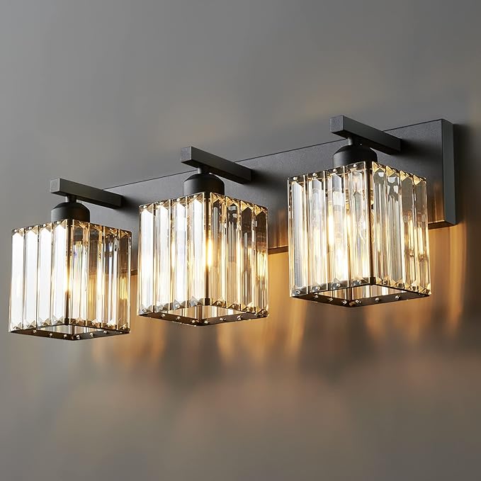 Modern Bathroom Vanity Light 3-Lights Modern Black Crystal Wall Light Bathroom by FDPBY