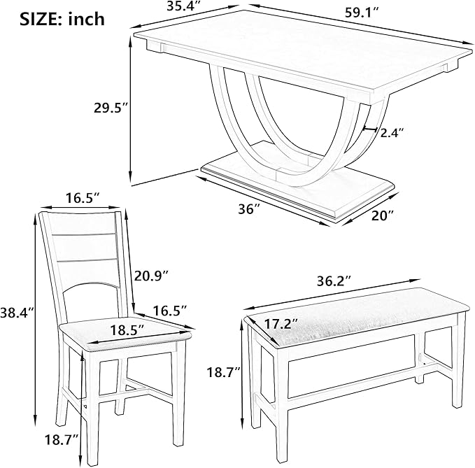 Ball & Cast Dining Table Set for 6, 6-Piece Kitchen Table Set W/ 1 Bench & 4 - Image 3