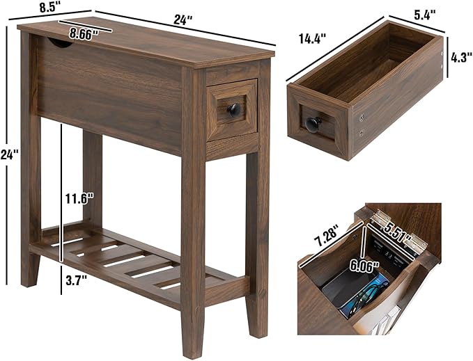 End Table with Movable Top and Charging Station, Narrow Side Table with Storage - Image 2
