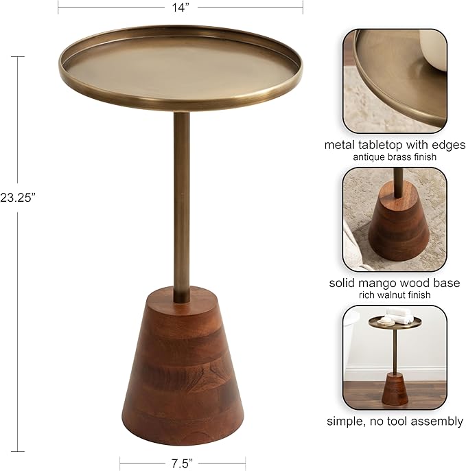 Kate and Laurel Tira Elegant Round Side Table, 14 x 24, Brass and Walnut Brown - Image 3