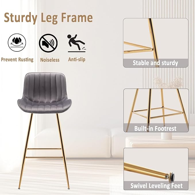 Sidanli Gold Bar Stools Set of 2, 29” Velvet Barstools, Kitchen Chairs - Image 5