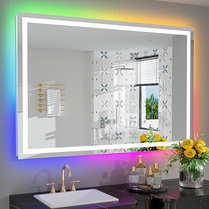 55x40 Inch RGB LED Bathroom Mirror Front Light and RGB Backlit Lighted Vanity by YEELAIT