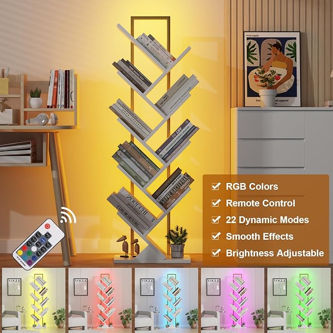 Tree Book Shelf with LED Lights, 9 Tier Floor Standing Bookcase, Classical - Image 4