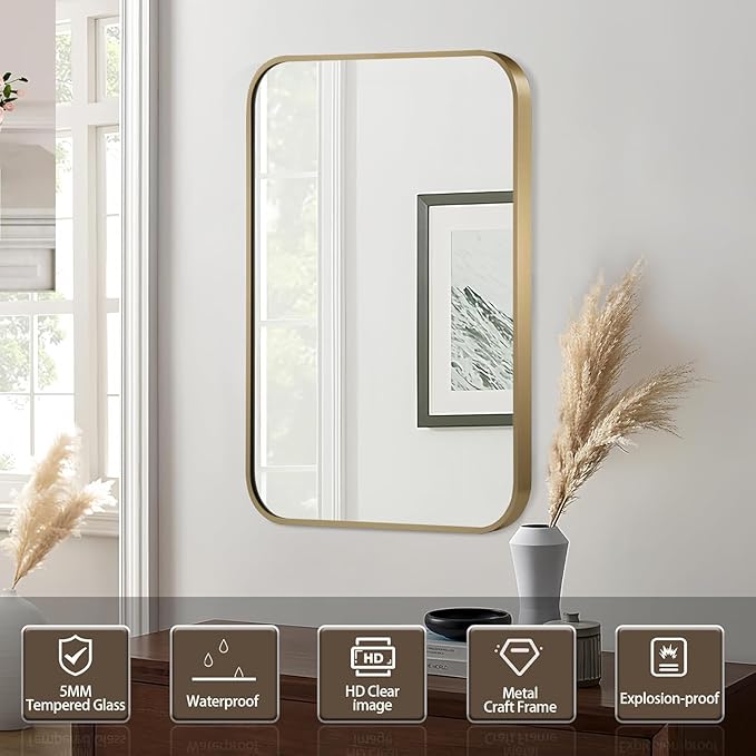 Gold Mirror, 22x30 Inch Gold Rectangle Mirror, Aluminum Alloy Framed Vanity - Image 7