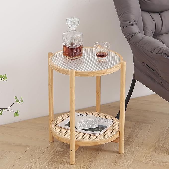 Tiita Rattan Nightstand Side Table, Bamboo Accent Bedside Tables, Glass Coffee - Image 5