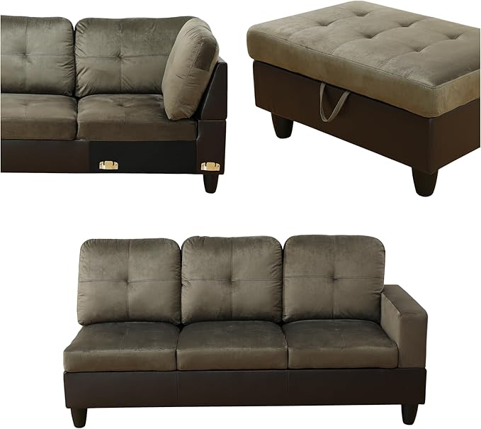 L Shaped Sectional Sofa with Ottoman, Color Blocking Flannel Leather Right - Image 3