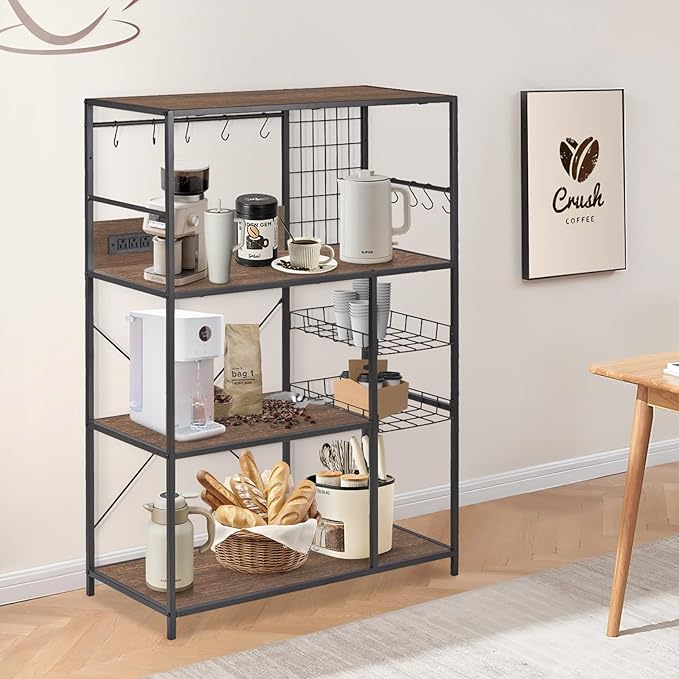Bakers Rack with Power Outlet, Microwave Stand with Storage, Coffee Bar - Image 2