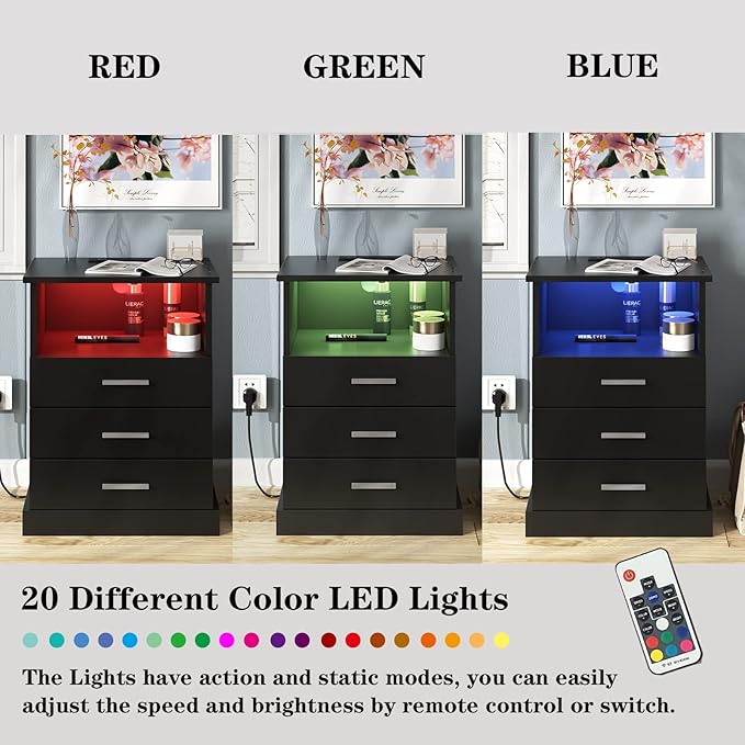 Black LED Nightstand with Charging Station, Side Table with 3 Drawers and Light - Image 8