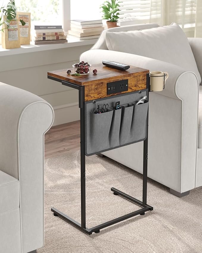 C Shaped End Table with Charging Station, Small TV Tray with Cup Holder and - Image 6