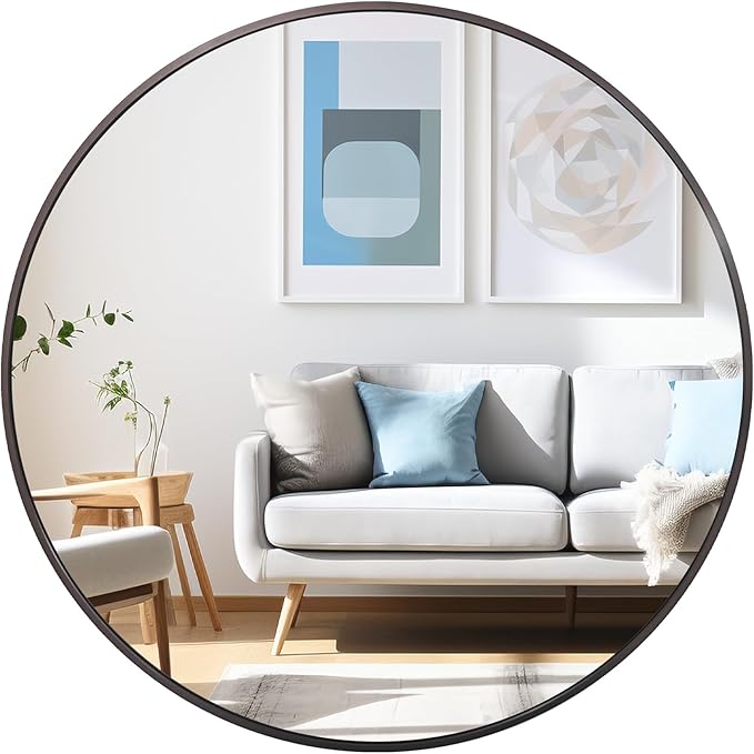 36 inch Dark Grey Circle Wall Mirror, Brushed Titanium Metal Framed Round Mirror by UMZODO
