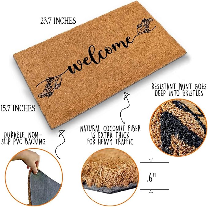 Funny Coir Doormat with Welcome Floral Design Botanical Theme - Image 4