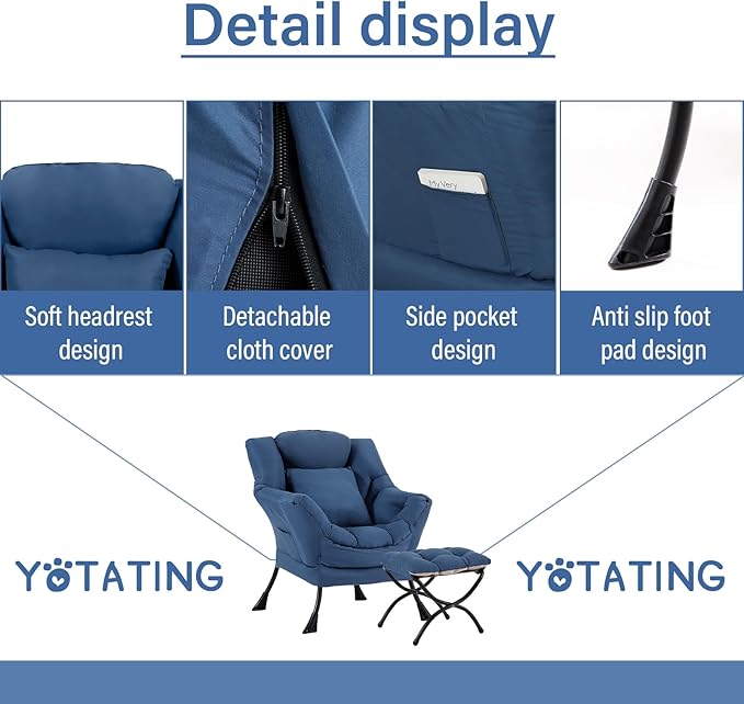 Lazy Chair with Ottoman, Comfy Reading Chair with Footstool & Pillow Modern - Image 4