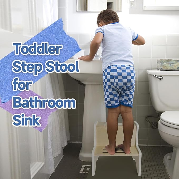 WOOD CITY Kids Step Stool for Toddler, Wooden White-Natural Patchwork Two Step - Image 2