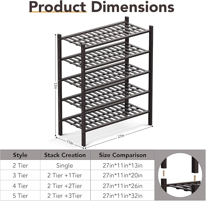 Haddockway 5 Tier Bamboo Shoe Rack Storage Organizer, Small Space 27"x11"x32" - Image 3