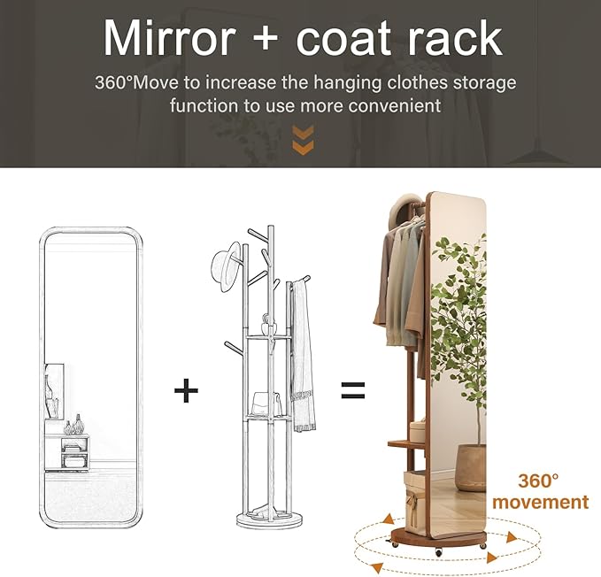 70"x16"Full Length Mirror with Stand, Coat Rack with Mirror, Solid Wood Floor - Image 6