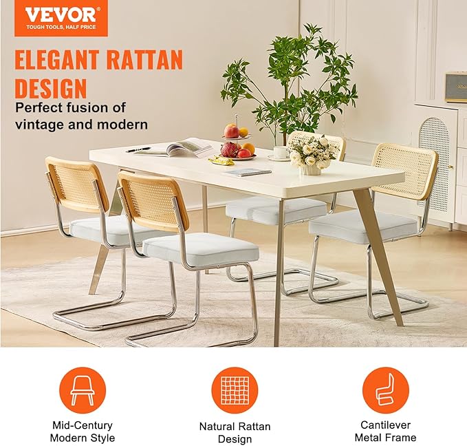VEVOR Rattan Dining Chairs Set of 4, Mid Century Modern Dining Chair, - Image 4