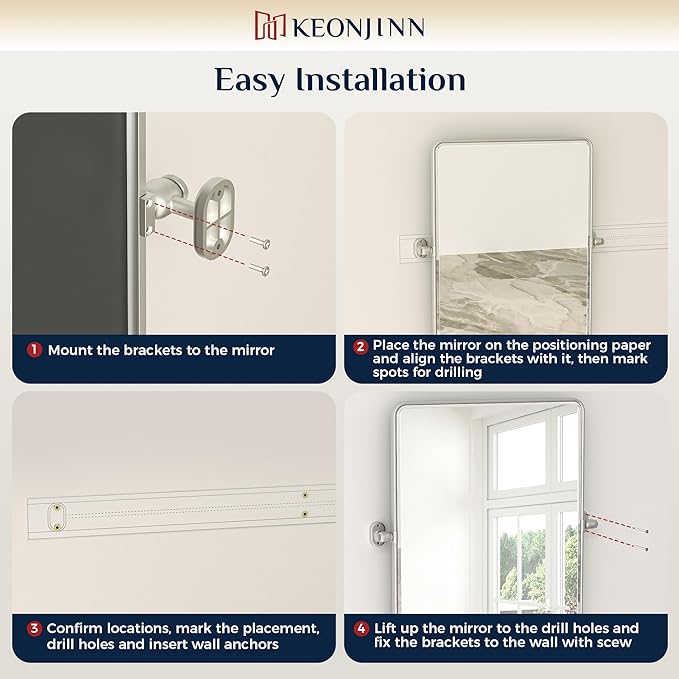 Keonjinn 20 x 30 Inch Tilt Mirror Bathroom, Satin Nickel Metal Pivot Mirror - Image 8