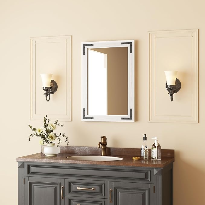 VocalStar White Wood Framed Mirror 18 x 26 Inch, Rustic Natural White Wooden - Image 2