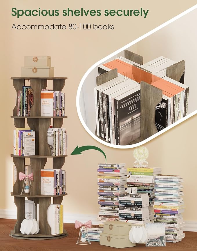 4 Tier Rotating Bookshelf, Spinning Bookshelf Tower Lazy Susan, Corner - Image 3