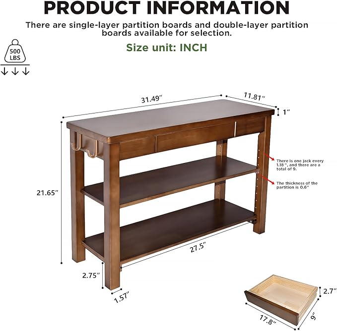 Wood Shoe Bench Entryway with Drawer: 2-Tiers Wooden Storage Shoe Rack with - Image 2
