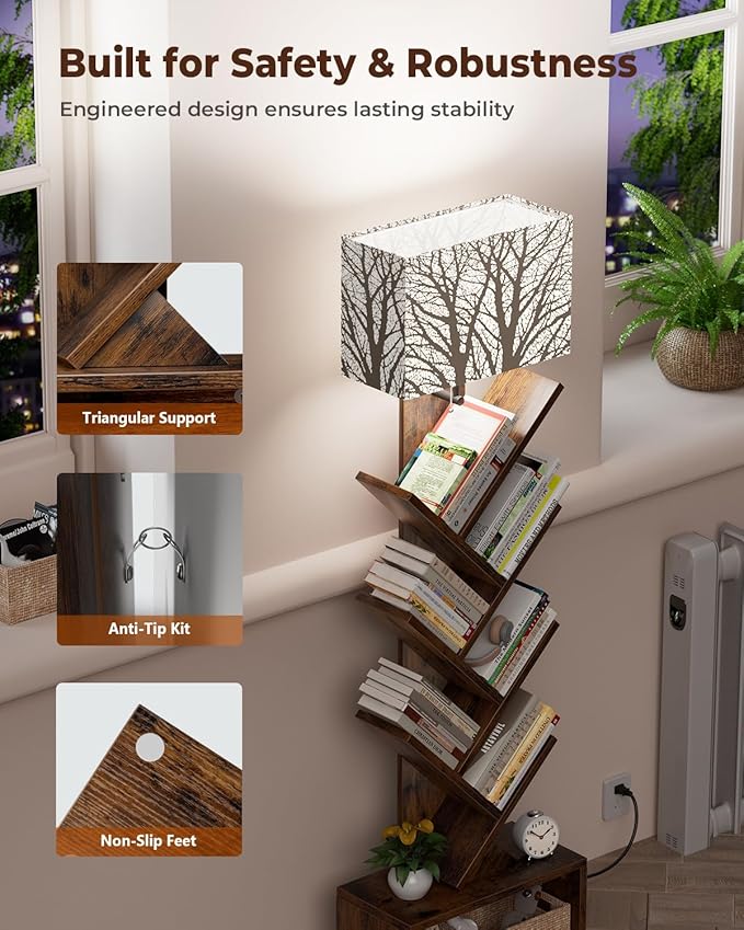 Tree Bookshelf with Light, 6 Tier Small Bookcase, Narrow Floor Standing Book - Image 6
