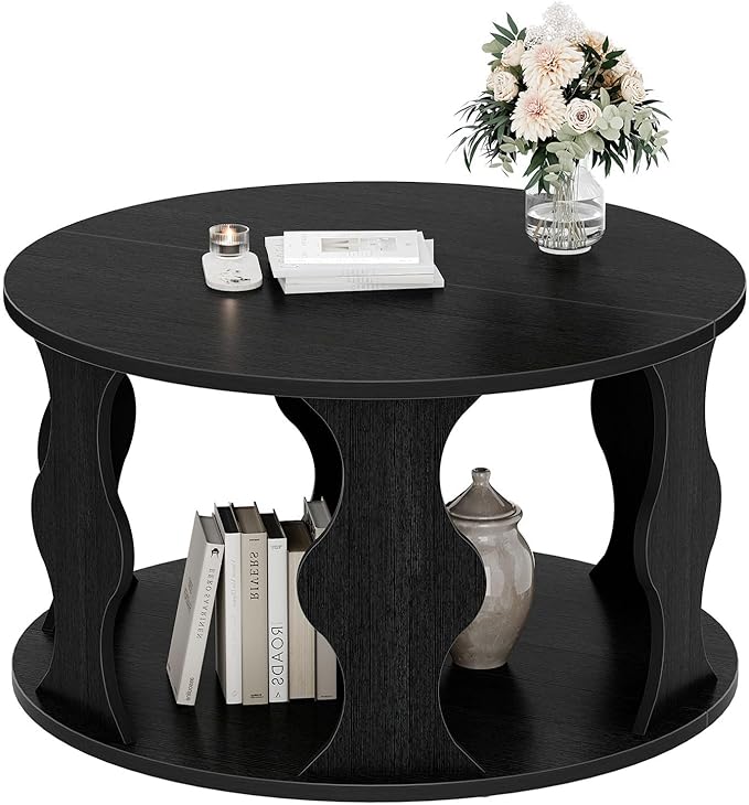 HSH Black Round Coffee Table, Modern Wood Circle Center Table - Image 8