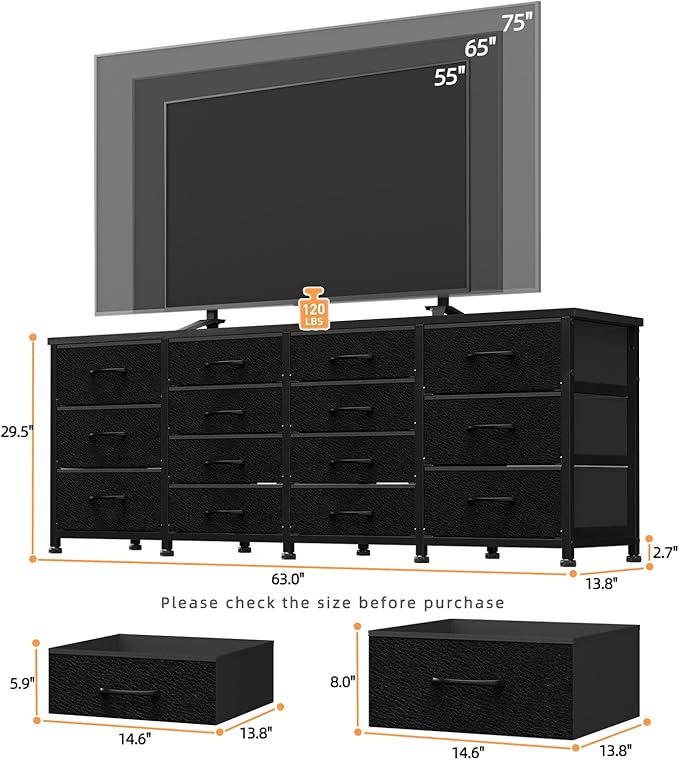 63 Inch TV Stand Dresser for Bedroom, Long Black Dresser - Image 3