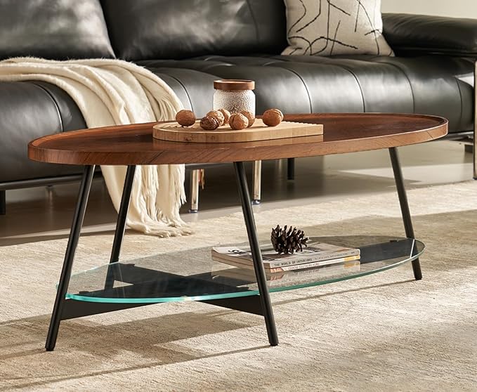 Shrine Glass Coffee Table, Glass and Wood Table, 43.3" D x 21.6" W x 15.7" H by SHRINELIGHTING