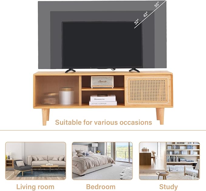 Tiita Rattan TV Stand for 55 Inch TV, Bamboo TV Cabinet - Image 4