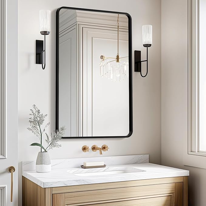 USHOWER Black Bathroom Mirror for Over Sink 24 x 36 Inch, Metal Frame Rectangle by USHOWER