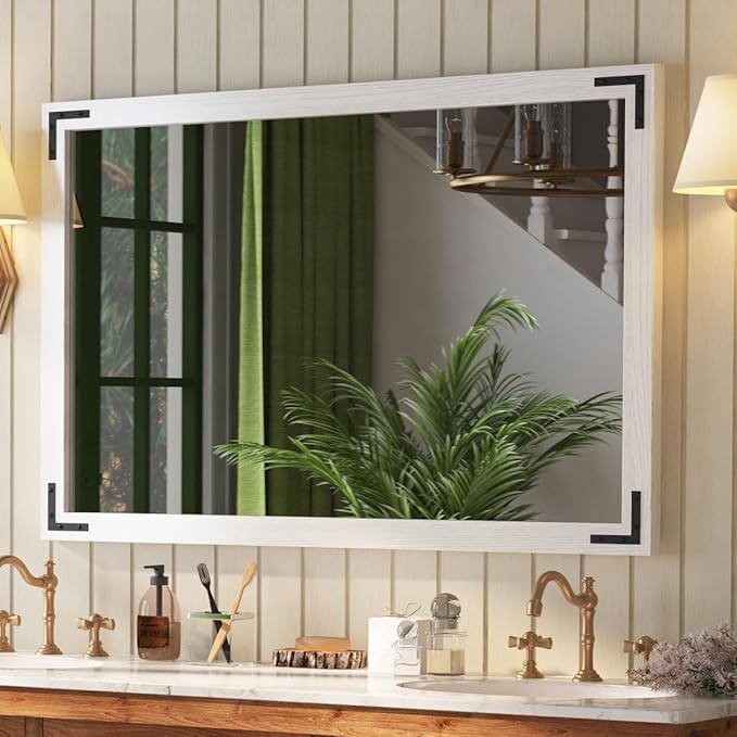 VocalStar White Wood Framed Mirror 48 x 32 Inch, Rustic Natural White Wooden by VOCALSTAR