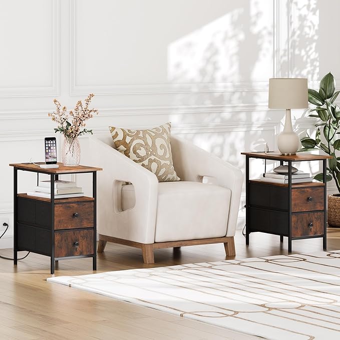 HOOBRO End Table with Charging Station, Nightstand with 2 Non-Woven Drawers - Image 9
