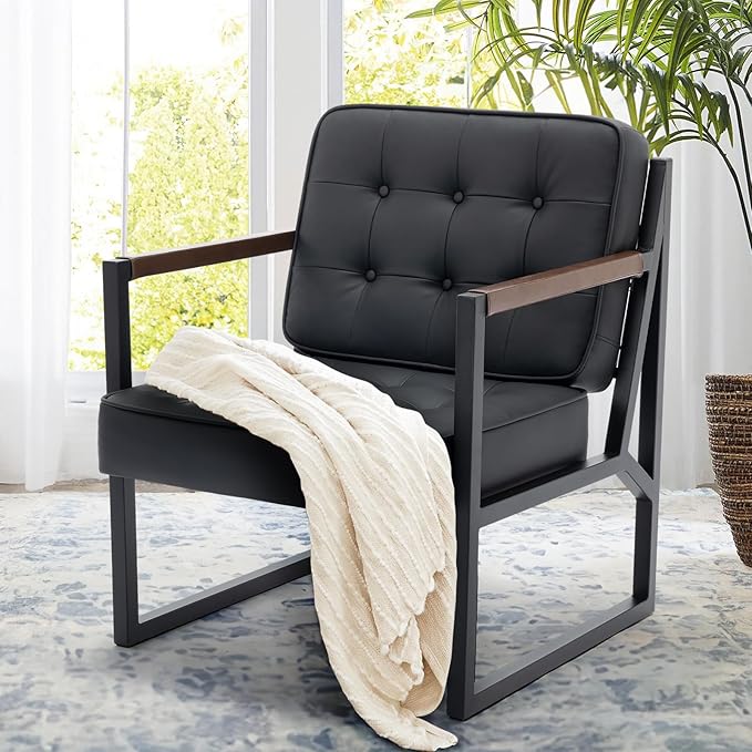 COLAMY Black Leather Accent Chair, Accent Arm Chair by COLAMYINC