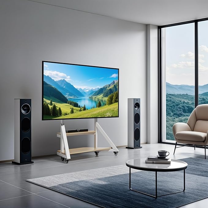unho White TV Floor Stand with Wheels Shelves - Image 4