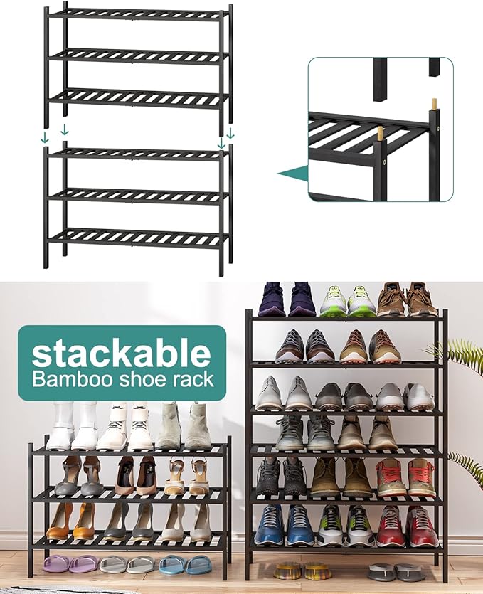 3-Tier Black Bamboo Shoe Rack for Entryway, Stackable | Foldable | Natural - Image 6