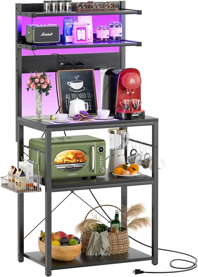 Aheaplus Bakers Rack with Power Outlet, Microwave Stand, 5 Tiers Coffee Bar - Image 2