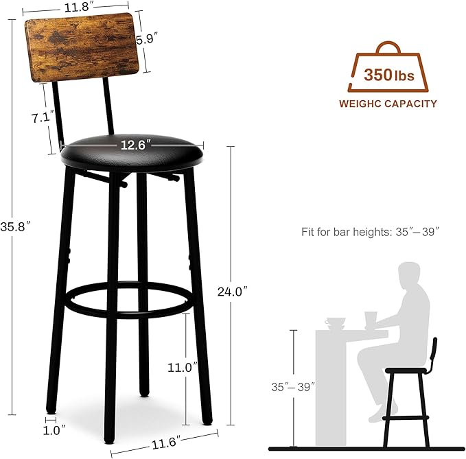 Bar Stools with Back, High Kitchen Barstools with Back, Counter Stools Bar - Image 3