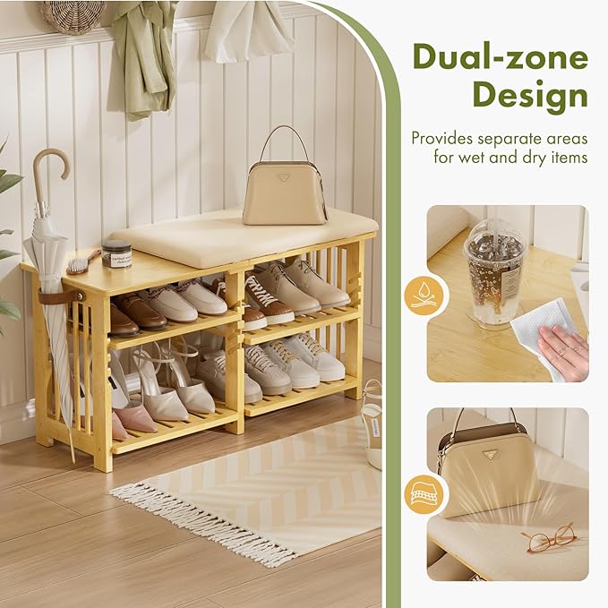 Amazer Bamboo Shoe Rack Bench, 3-Tier Shoe Bench Height Adjustable, Entry Bench - Image 5