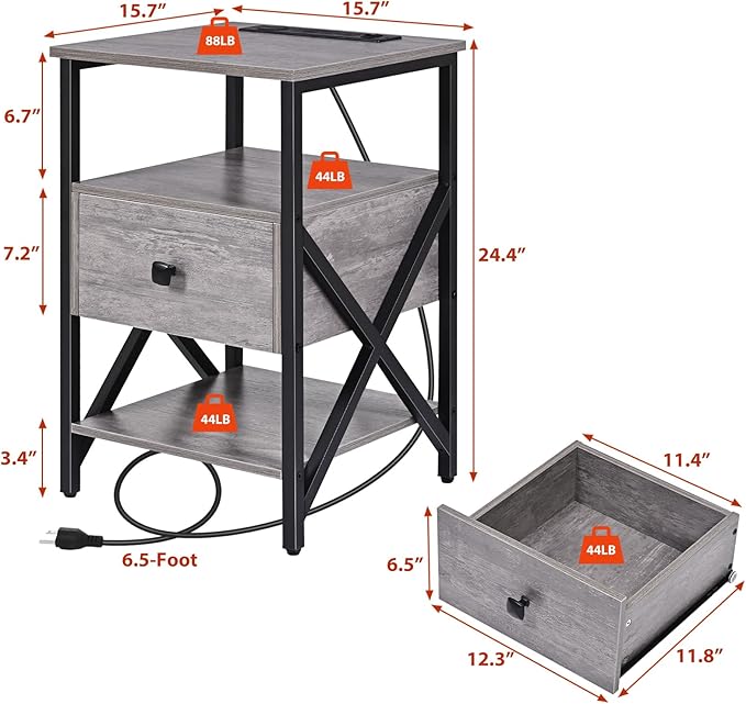 Side Tables with Wireless Charging Station, Side Tables with Wood Drawer - Image 3