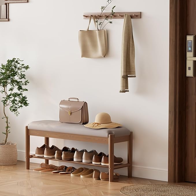 Shoe Bench Entryway with Cushion, Solid Wood Bench with Shoe Storage, 2-Tier - Image 6