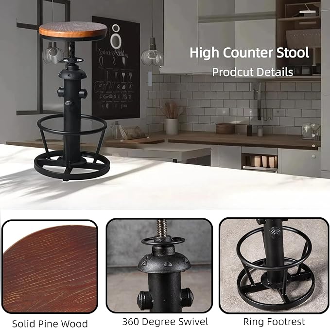 Industrial Bar Stools Kitchen Island Dining Chairs Swivel Wooden Seat Bar - Image 4