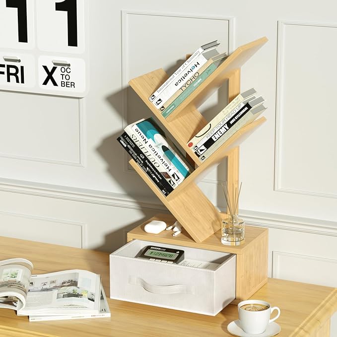 Small Book Shelf with Drawer, 4 Tier Black Tree Bookshelf, Wooden Desktop - Image 8